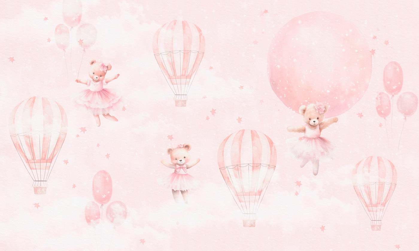 A pink background with teddy bears and hot air balloons A pink background with teddy bears and hot air balloons