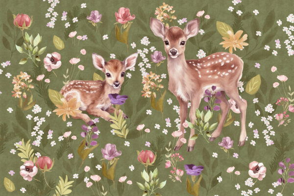 A couple of fawns in a floral field A couple of fawns in a floral field