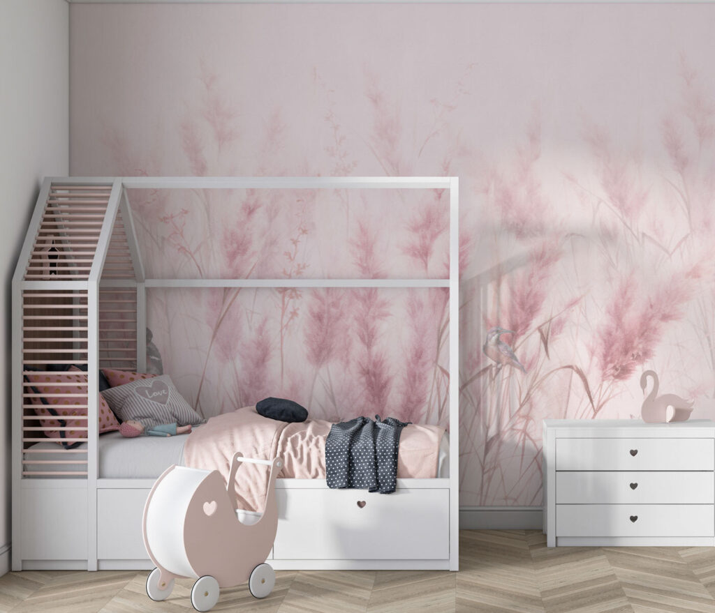 A group of birds in a field of pink grass