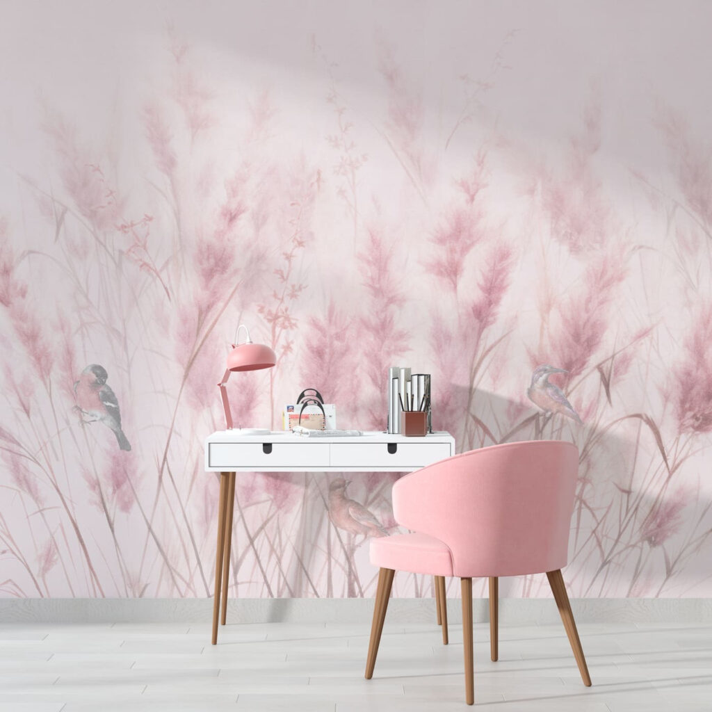 A group of birds in a field of pink grass