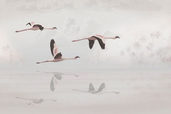 A group of flamingos flying over water