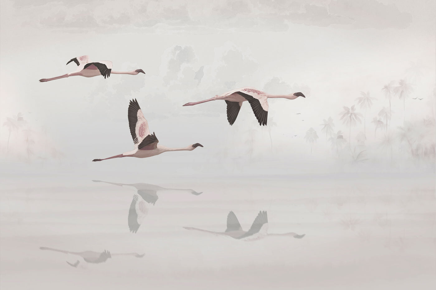 A group of flamingos flying over water