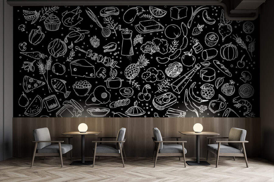 A black and white drawing of food