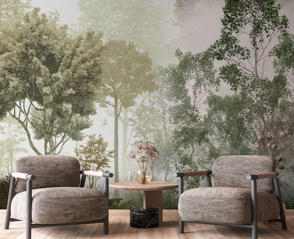 A group of trees in a foggy forest A group of trees in a foggy forest