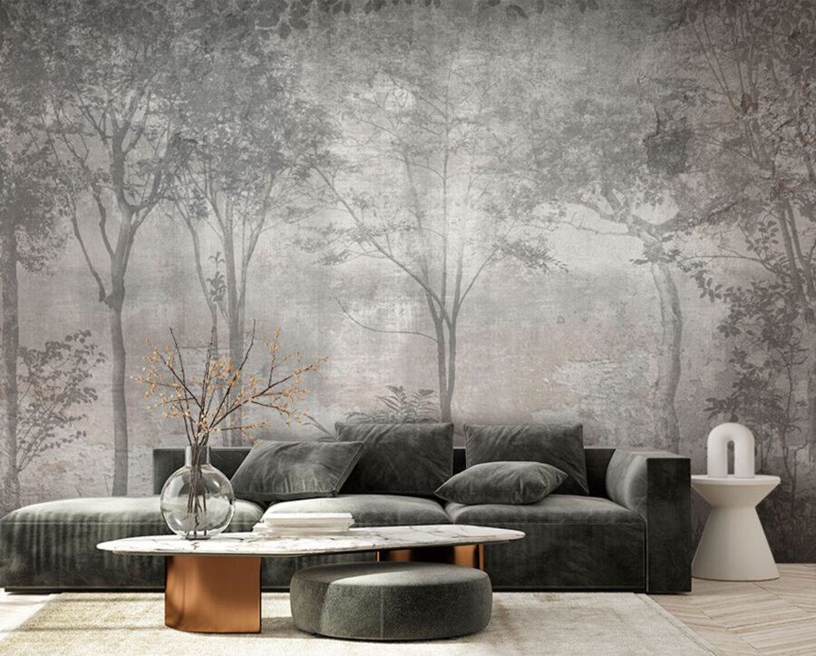A grey and white photo of trees