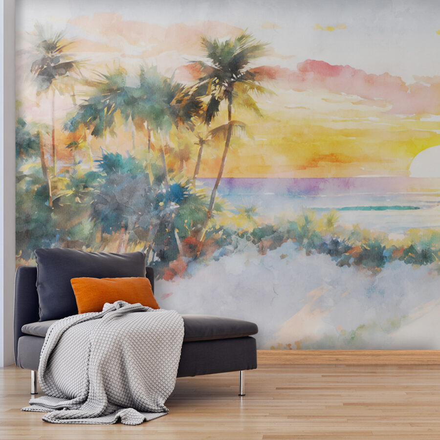 Wall murals Watercolor painting of a beach with palm trees and a sunset - Image 3