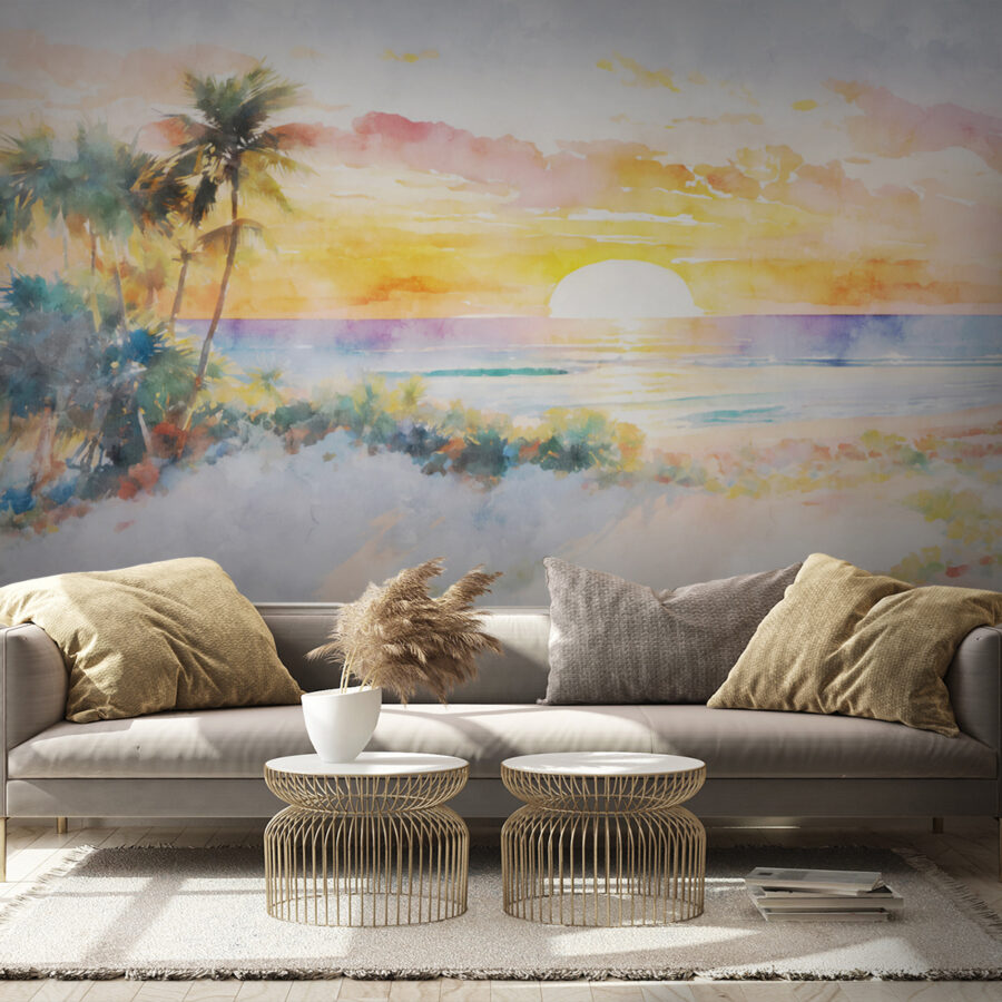 Wall murals Watercolor painting of a beach with palm trees and a sunset - Image 2
