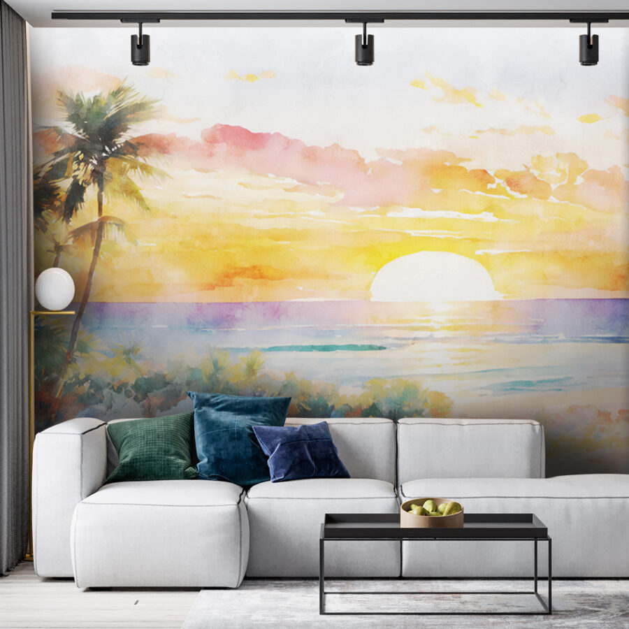 Wall murals Watercolor painting of a beach with palm trees and a sunset
