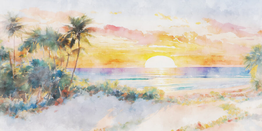 Wall murals Watercolor painting of a beach with palm trees and a sunset - Image 4