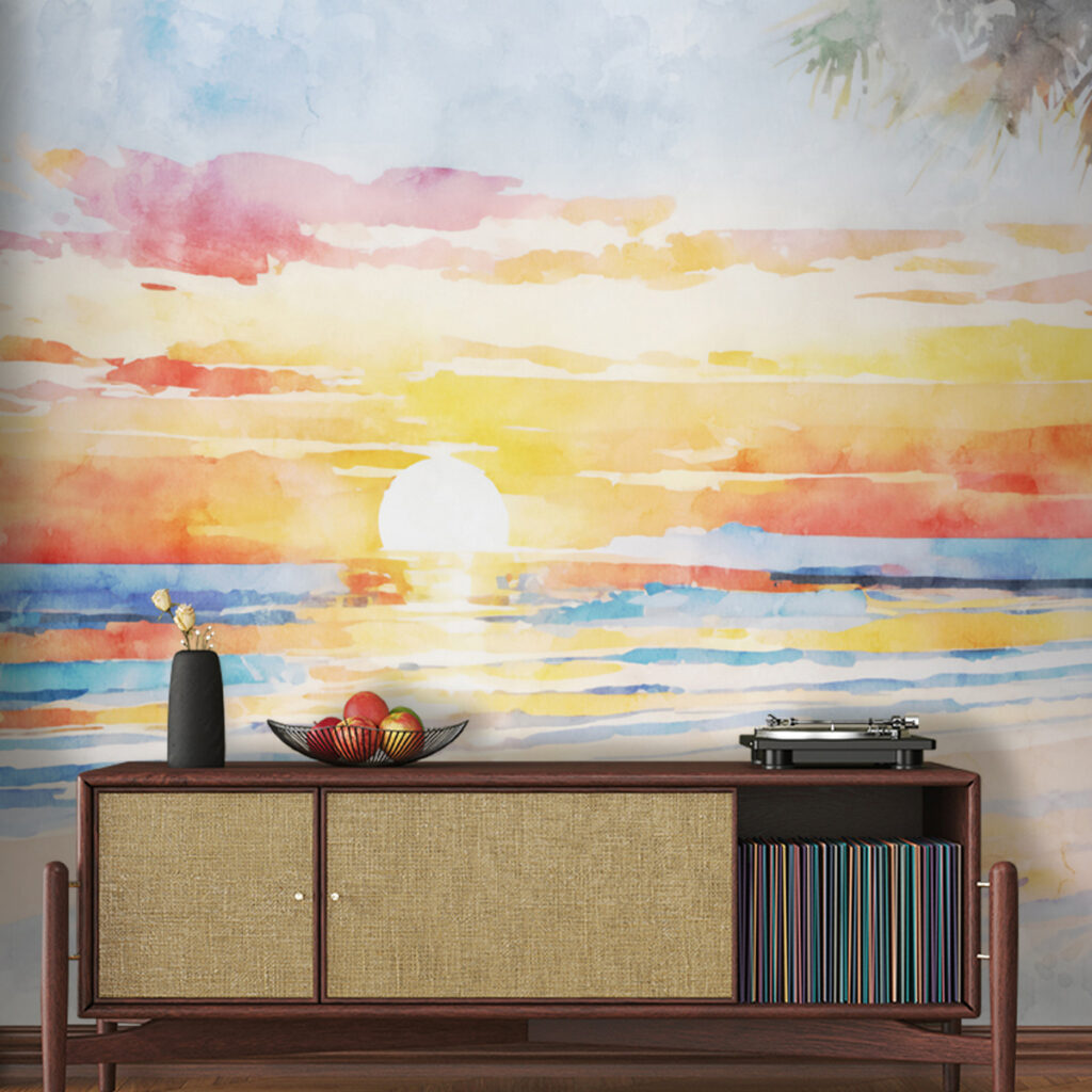 Watercolor of a beach with a sunset