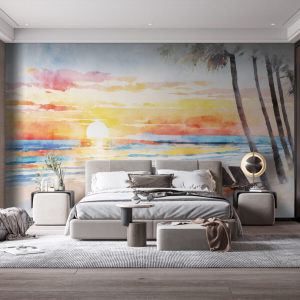 Wall murals Watercolor of a beach with a sunset (SKU: u97307) Wall murals Wall murals Watercolor of a beach with a sunset (SKU: u97307)