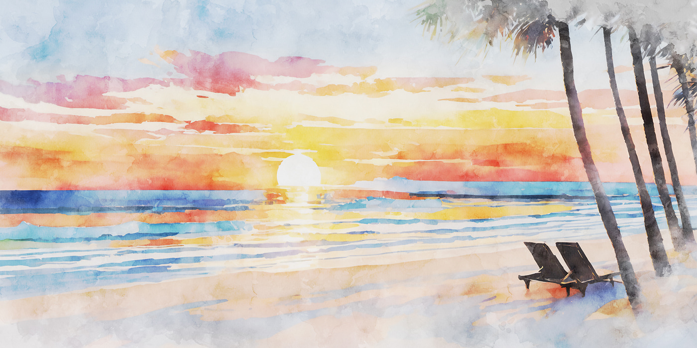 Watercolor of a beach with a sunset