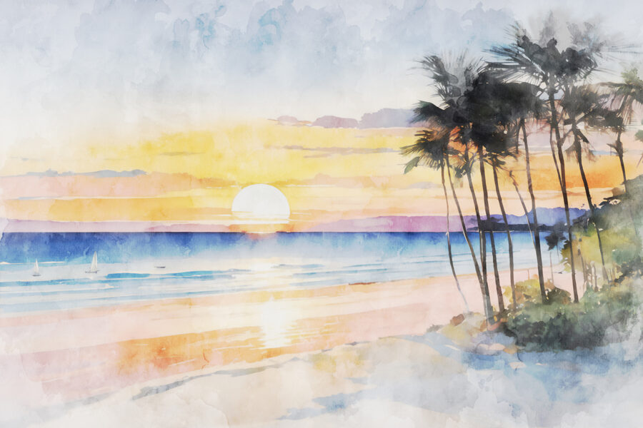 Watercolor of a beach with palm trees and a sunset