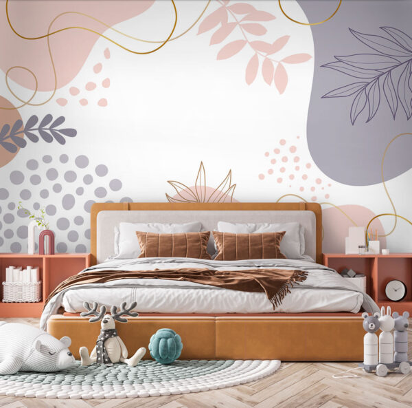 White background with pink and blue and purple shapes and leaves White background with pink and blue and purple shapes and leaves
