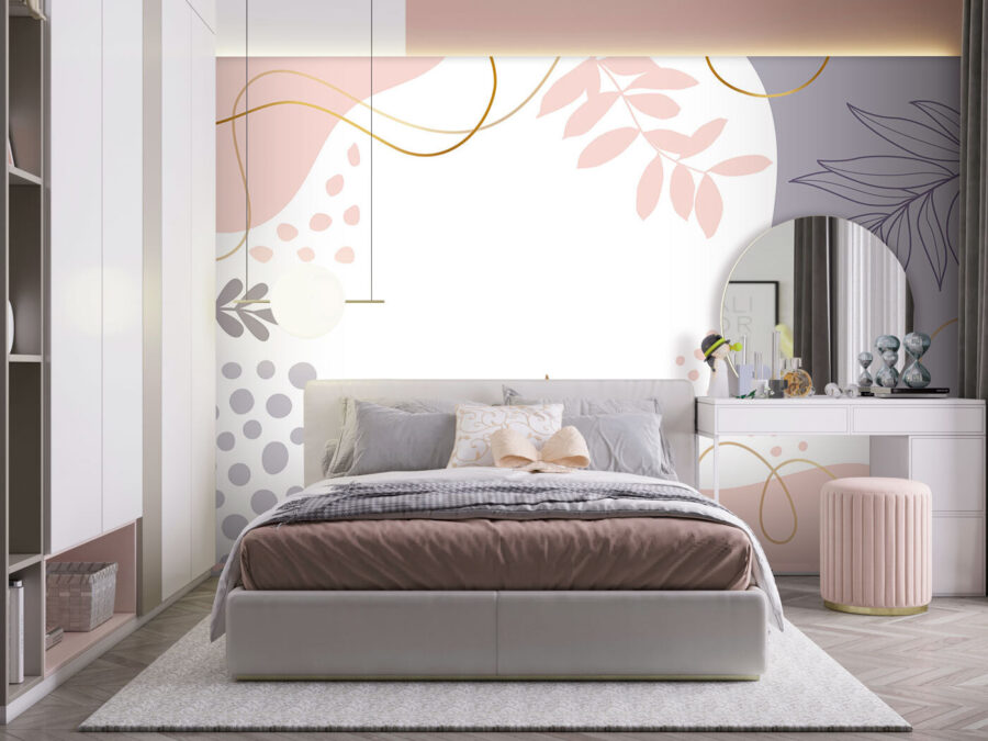 White background with pink and blue and purple shapes and leaves