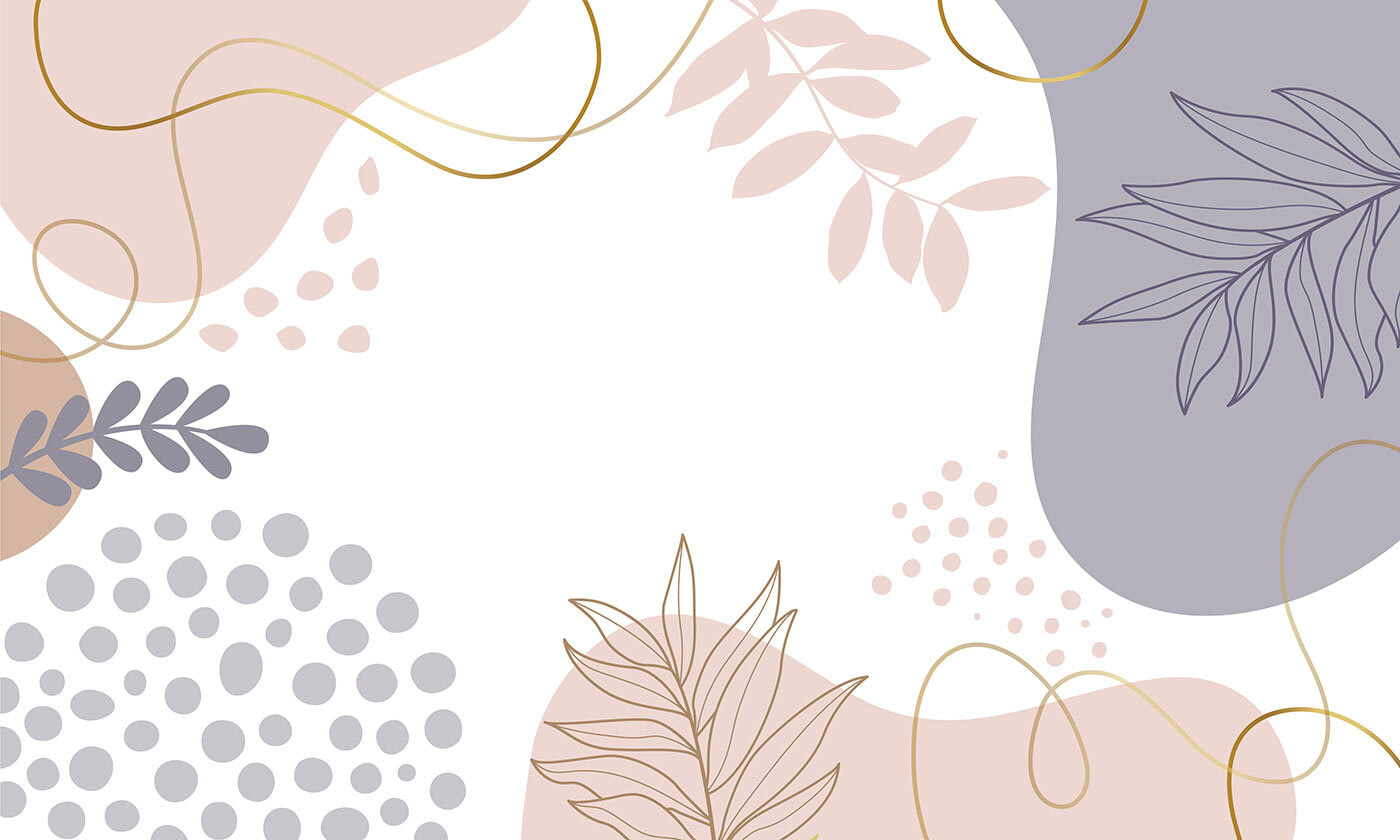 White background with pink and blue and purple shapes and leaves