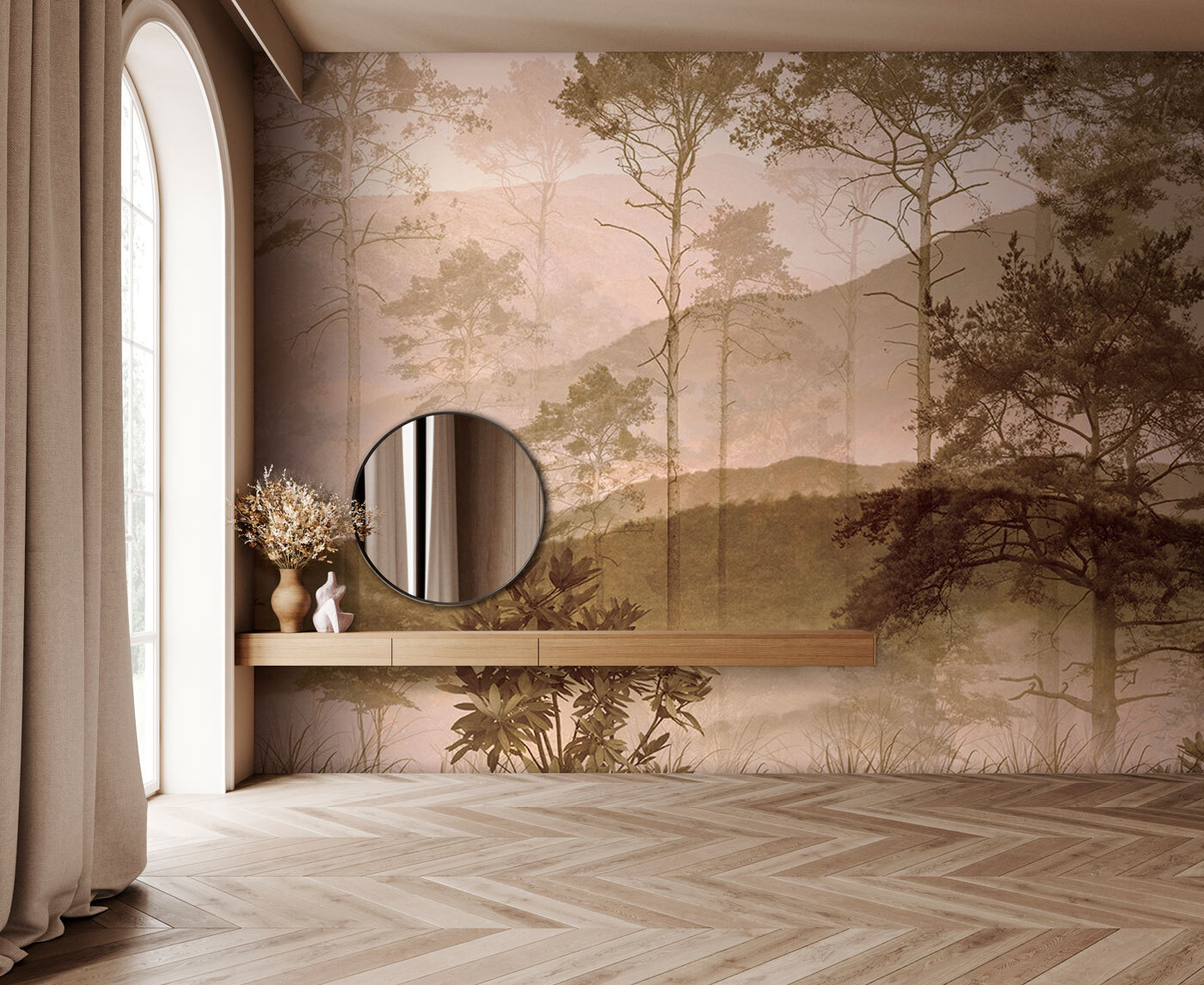 Foggy landscape with trees and hills Foggy landscape with trees and hills