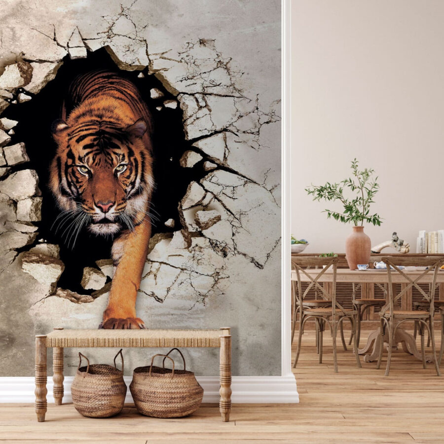 Wall murals Tiger coming out of a hole in a wall - Image 2