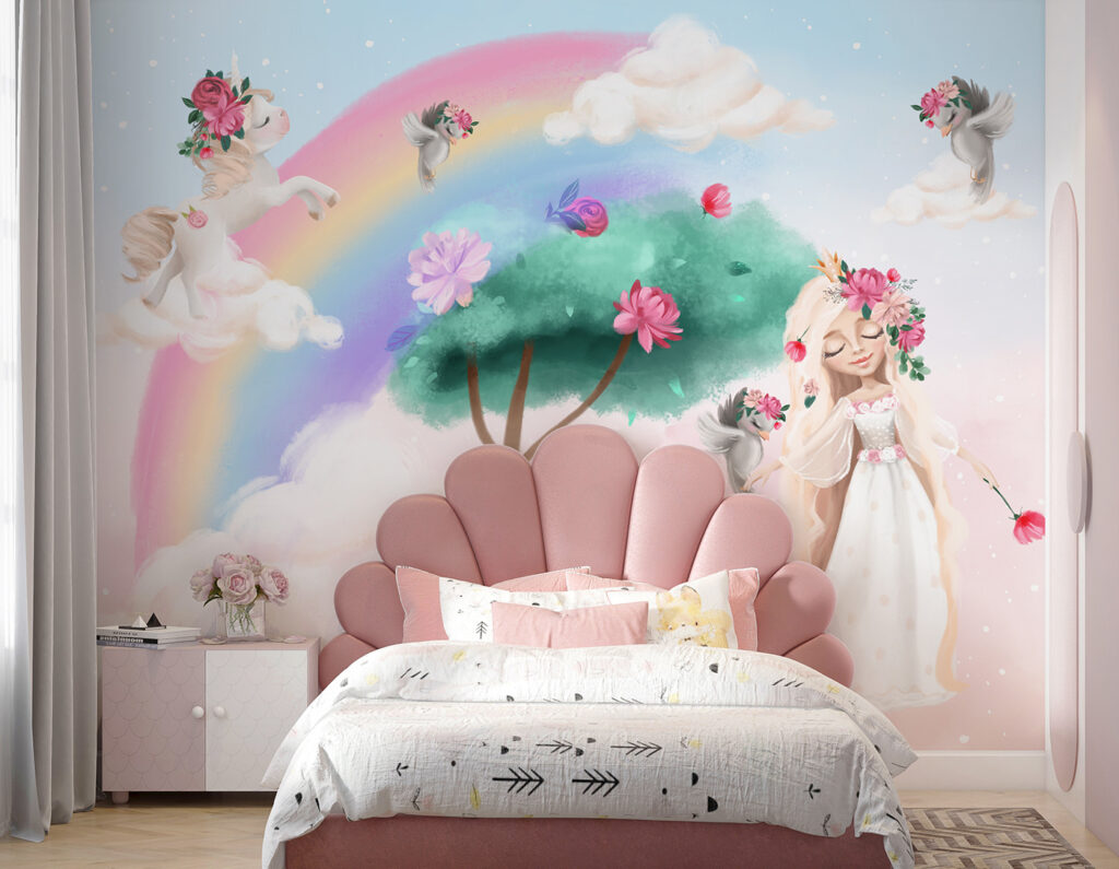 Cartoon of a girl with flowers on her hair and a rainbow