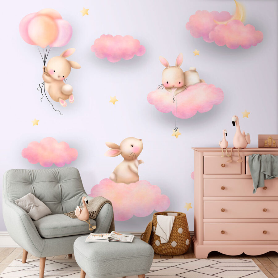 Group of rabbits on clouds