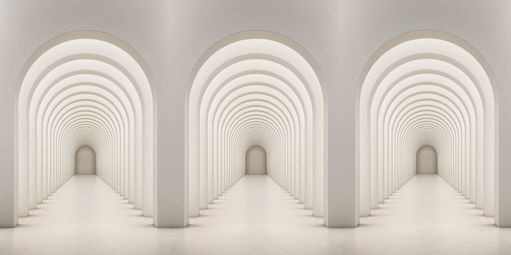 White hallway with arched windows White hallway with arched windows