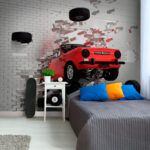 Wall murals Car crashing through a wall