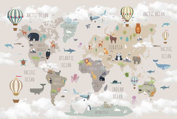 Map of the world with animals and birds