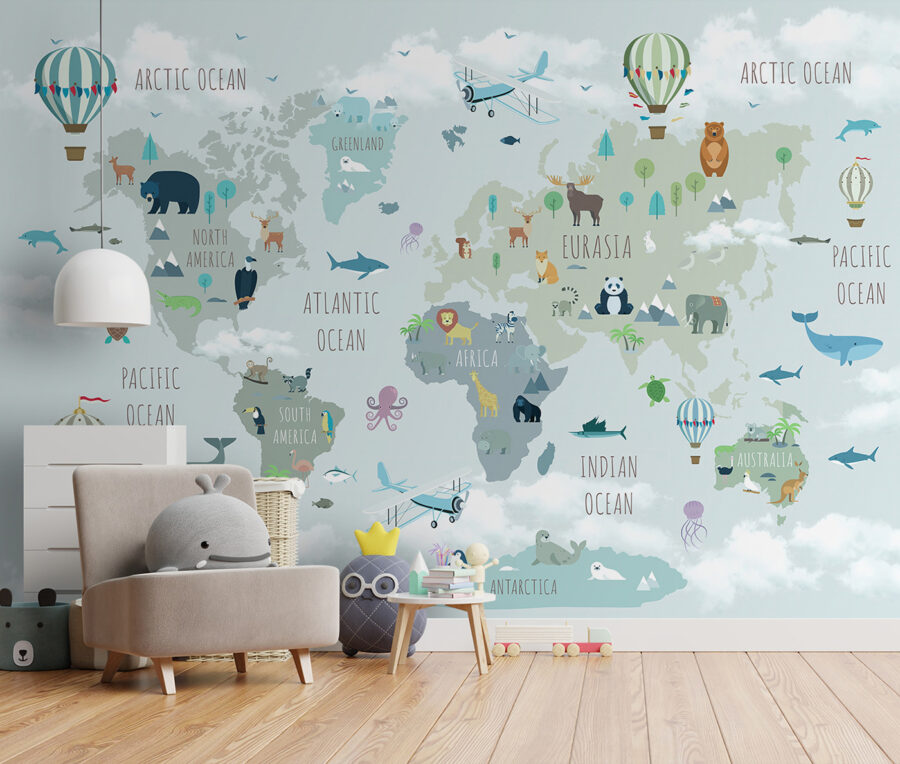 Map of the world with animals and birds