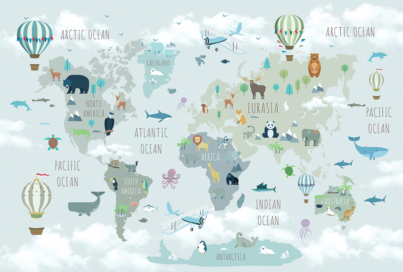 Map of the world with animals and birds Map of the world with animals and birds