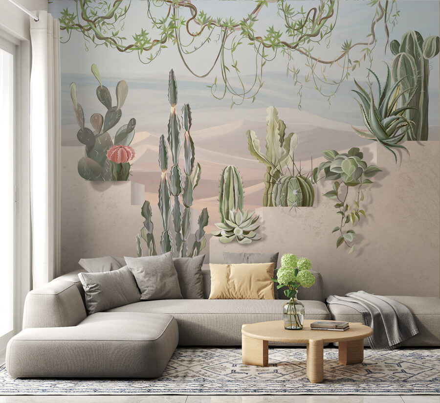 Wall mural of cacti and succulents