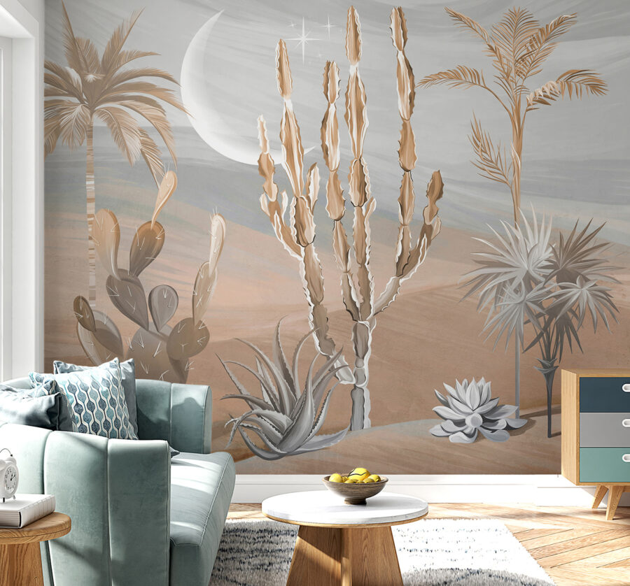 Desert landscape with cactus and palm trees Desert landscape with cactus and palm trees