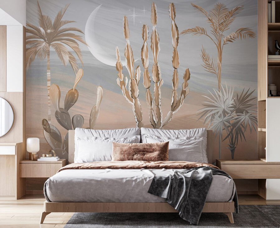 Desert landscape with cactus and palm trees Desert landscape with cactus and palm trees