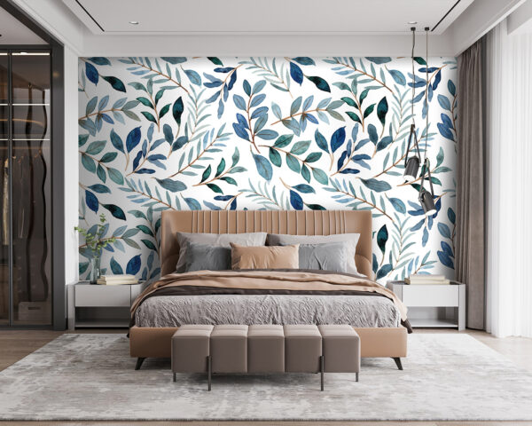 Wall murals Pattern of blue and green leaves (SKU: u96406) Wall murals Wall murals Pattern of blue and green leaves (SKU: u96406)