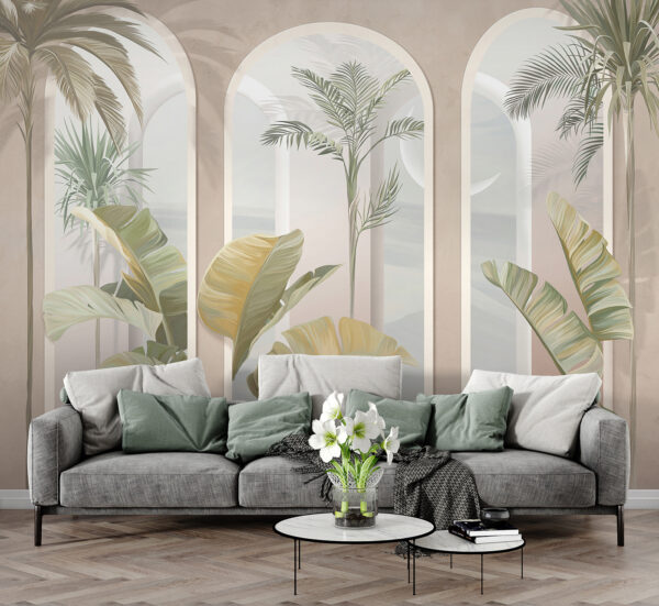 Wall mural of a room with palm trees