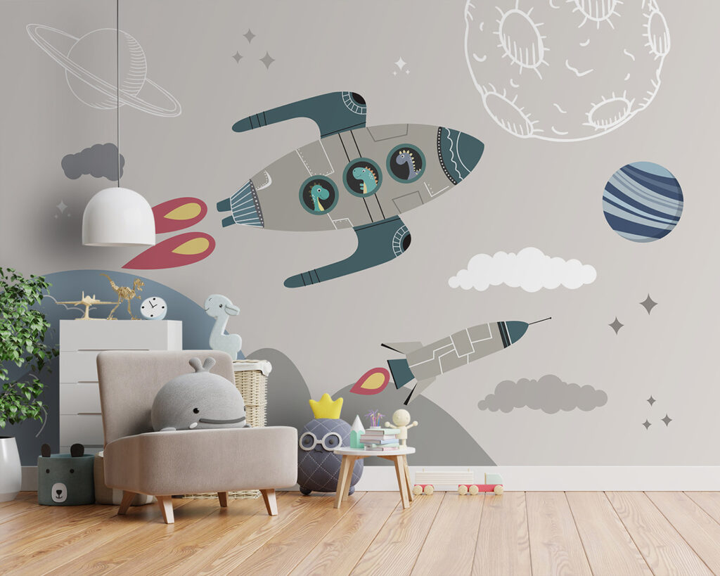 Cartoon rocket ship and rockets in the sky Cartoon rocket ship and rockets in the sky