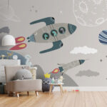 Wall murals Cartoon rocket ship and rockets in the sky