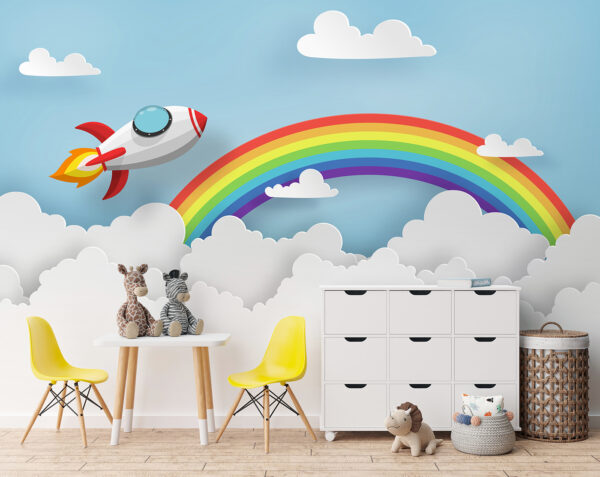 Rocket flying in the sky with clouds and rainbow Rocket flying in the sky with clouds and rainbow