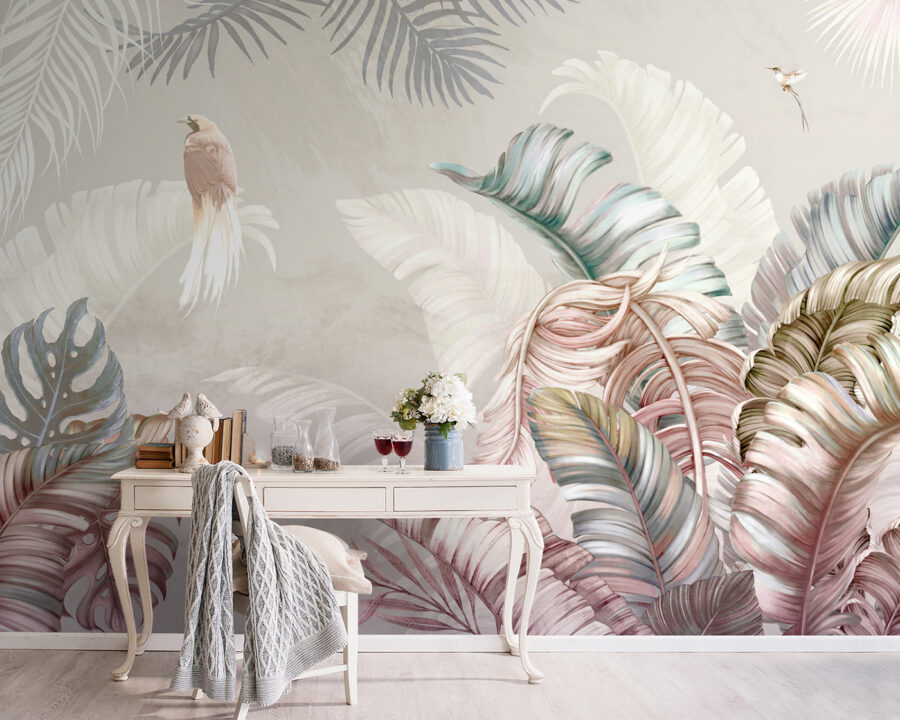 Tropical foliage with delicate birds Tropical foliage with delicate birds