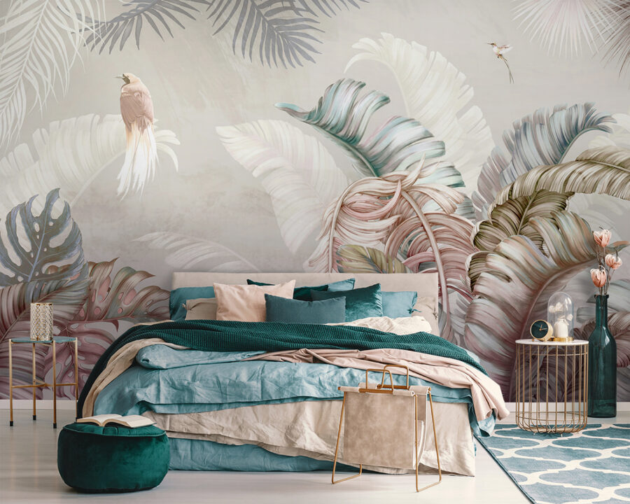 Tropical foliage with delicate birds Tropical foliage with delicate birds