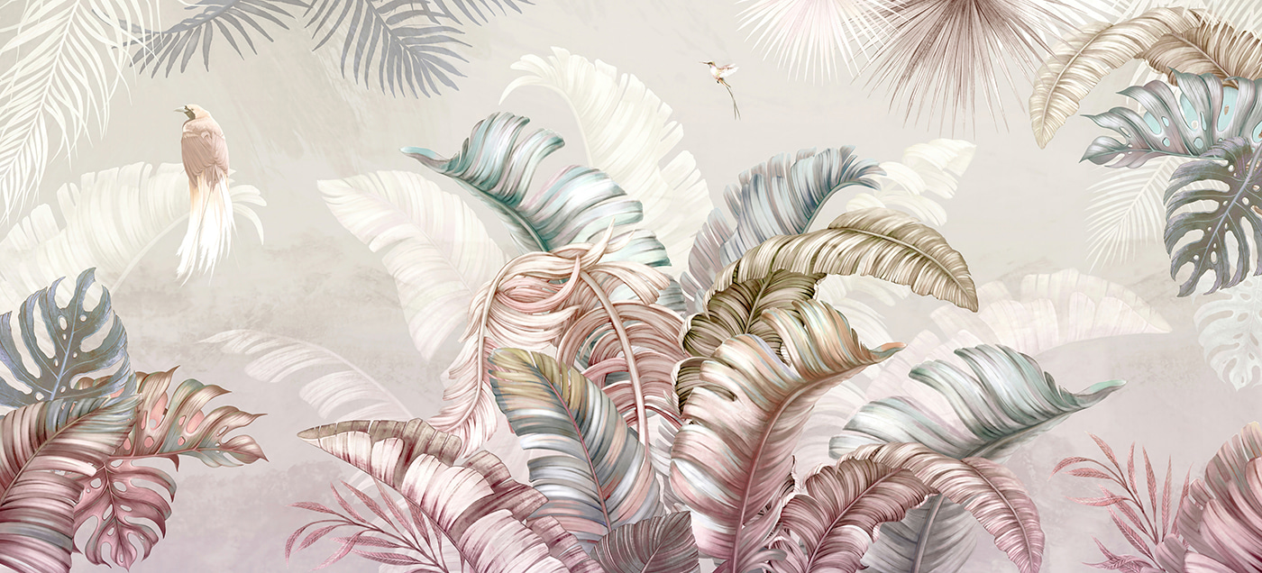 Tropical foliage with delicate birds Tropical foliage with delicate birds