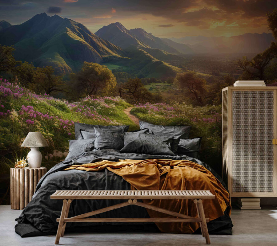 Wall murals Path through a grassy area with flowers and mountains in the background - Image 3