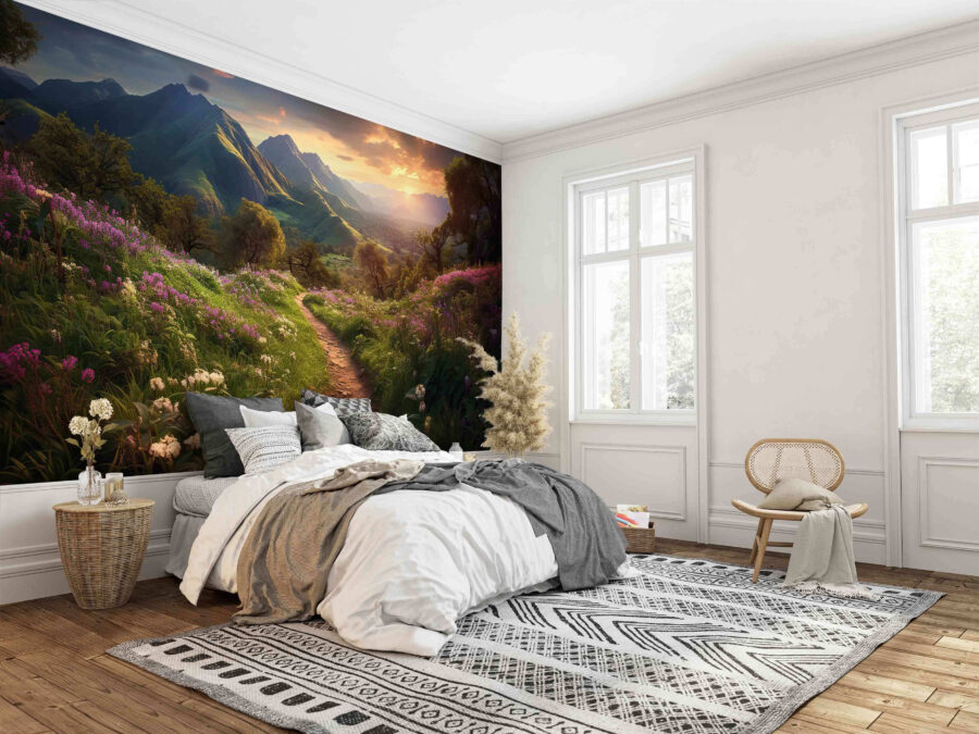 Wall murals Path through a grassy area with flowers and mountains in the background - Image 2