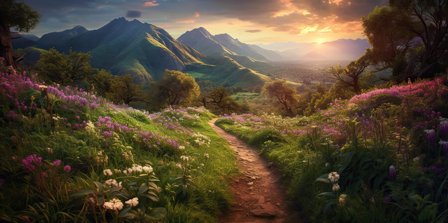 Wall murals Path through a grassy area with flowers and mountains in the background - Image 4