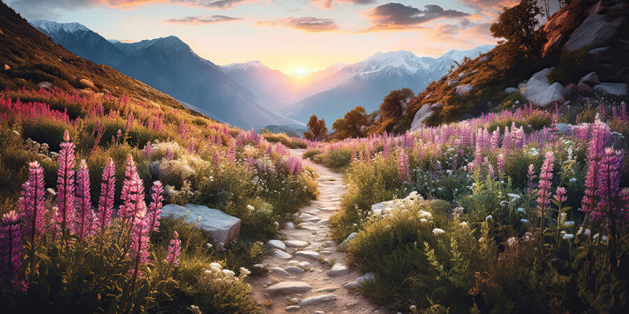 Path through a mountain with flowers