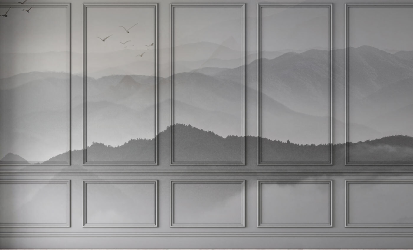 Wall with a picture of mountains and birds