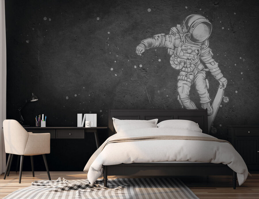 Drawing of an astronaut on a skateboard