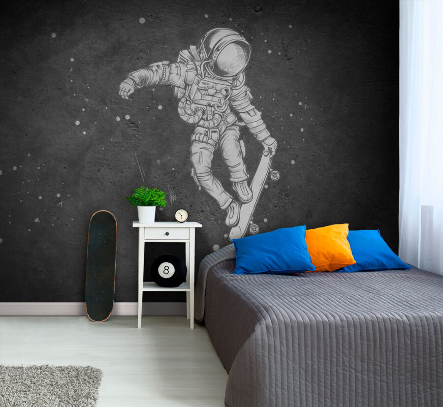 Drawing of an astronaut on a skateboard