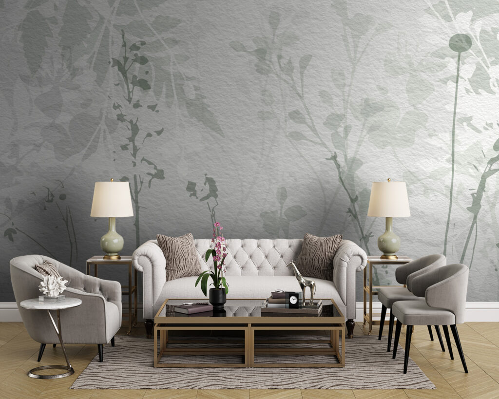 White wall with green leaves White wall with green leaves