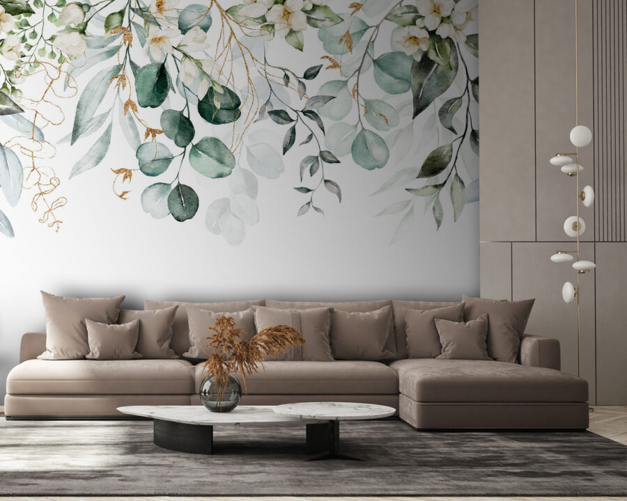 Watercolor painting of leaves and flowers