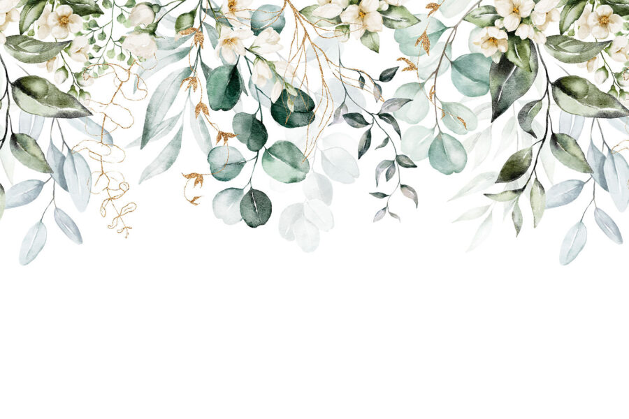 Watercolor painting of leaves and flowers